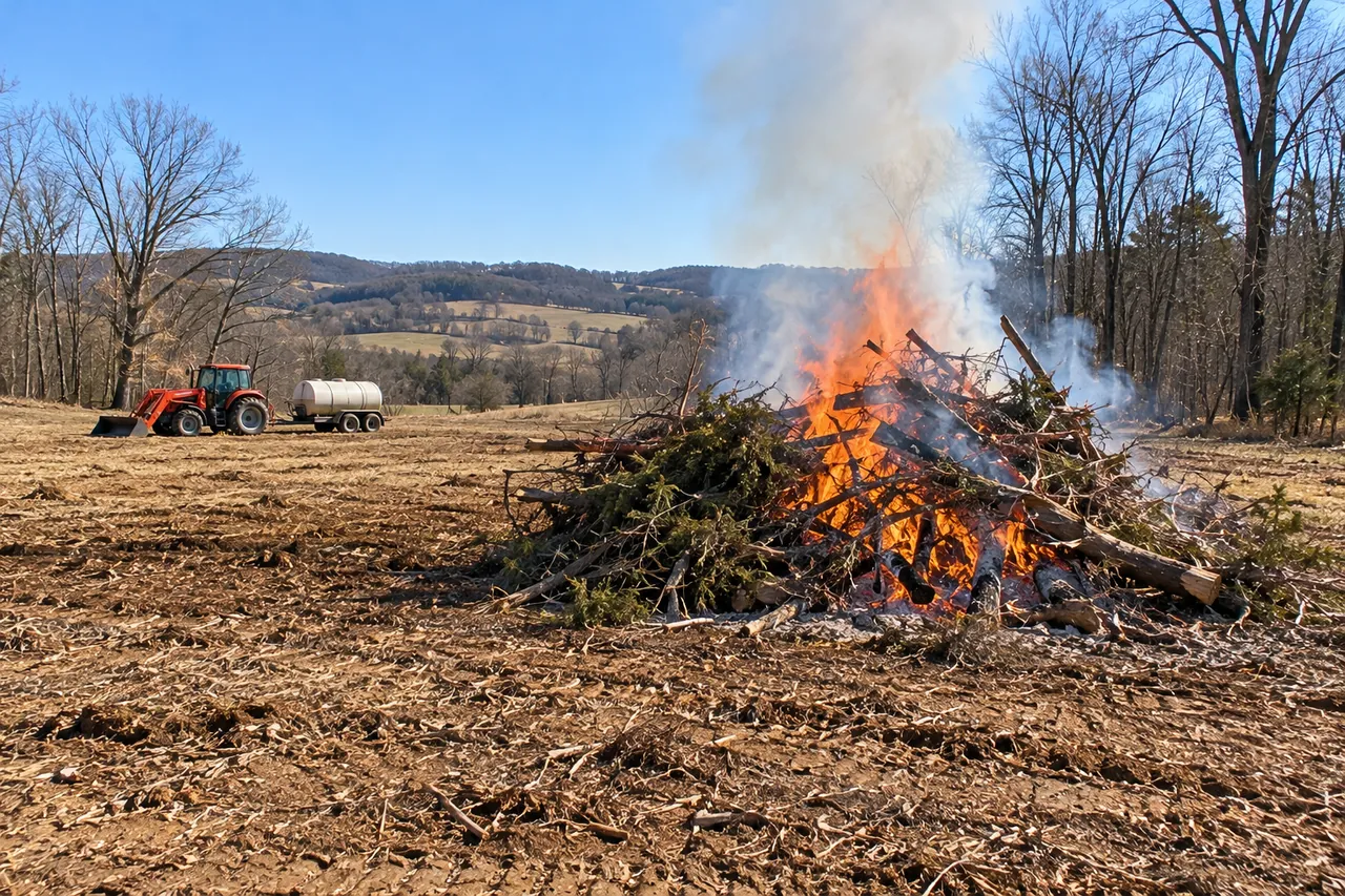 Brush and cedar burn pile in the middle of a wide cleared field, with a tractor and water tank trailer parked well back