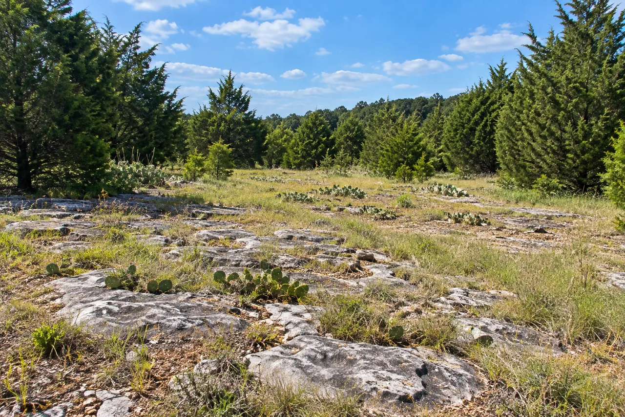 Open cedar glade of flat gray limestone with grass and prickly pear in the cracks, ringed by dark green cedars