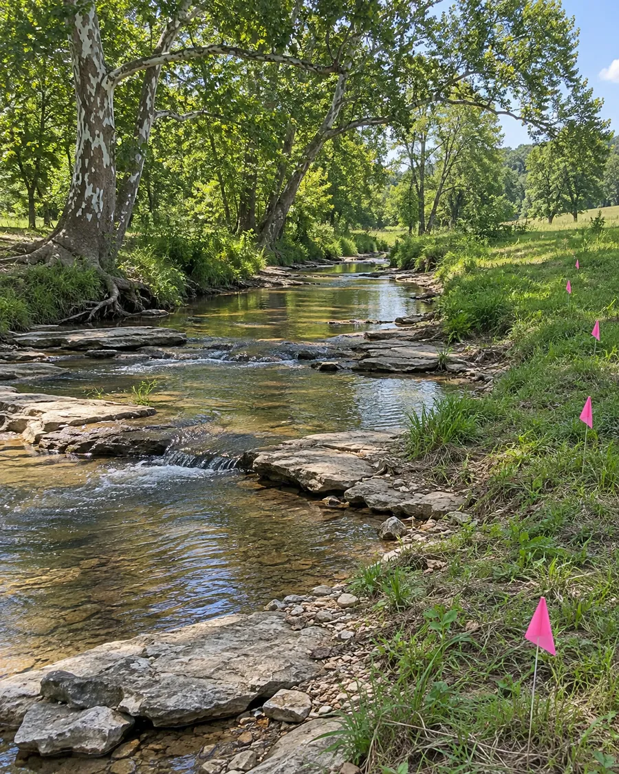 Shallow creek over flat limestone with sycamores on the banks and a line of pink-flagged stakes set back from the water