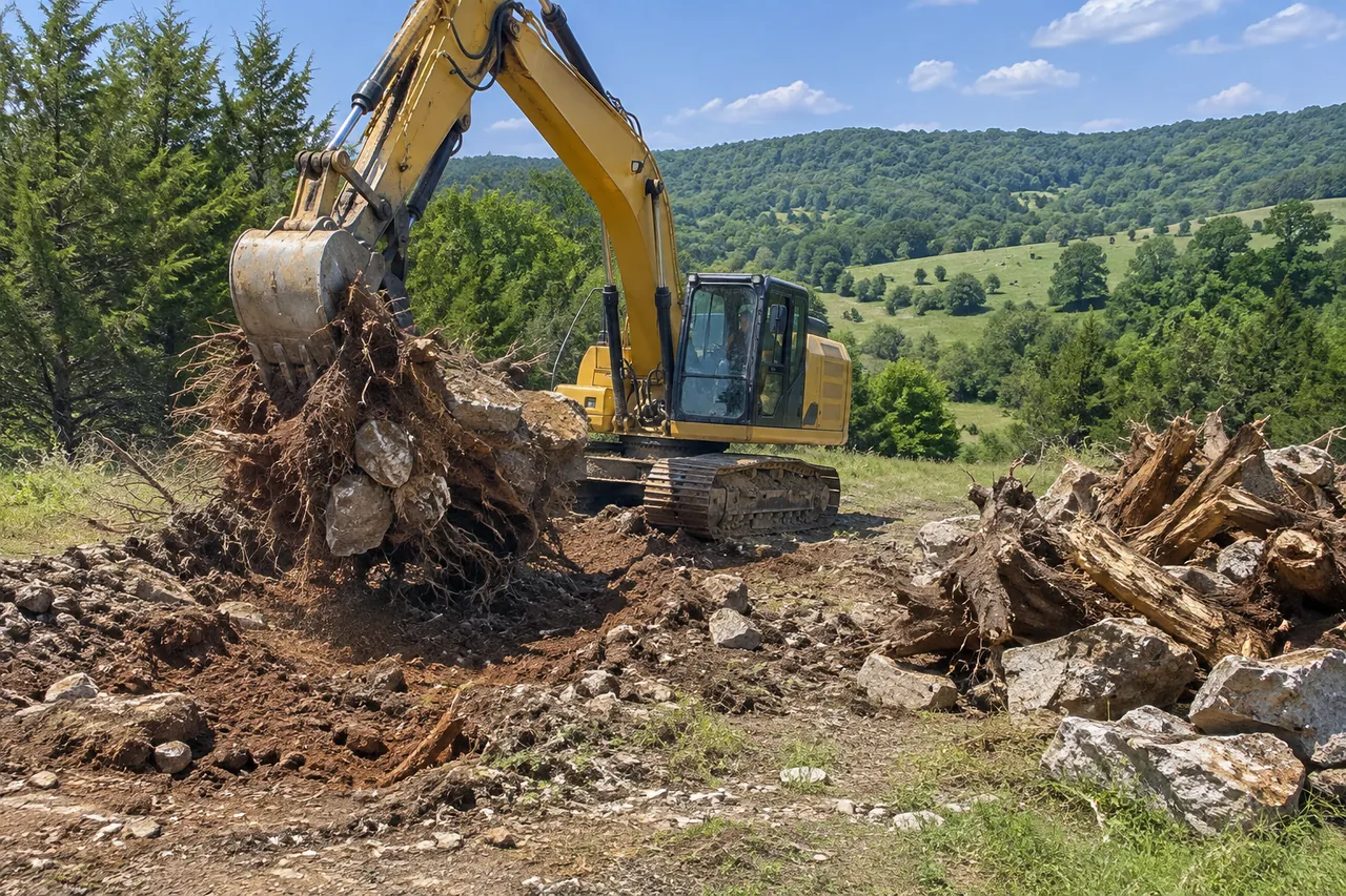 Excavator pulling a hardwood stump with limestone rocks tangled in its roots, beside a pile of stumps and rock