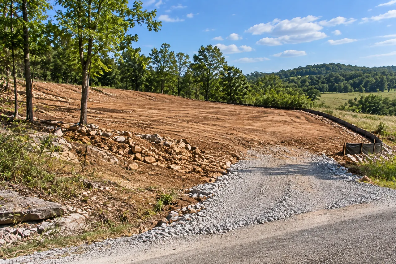 Freshly cleared house site with brown clay, chert gravel and limestone rocks, black silt fence along the low side and a gravel entrance from a country road