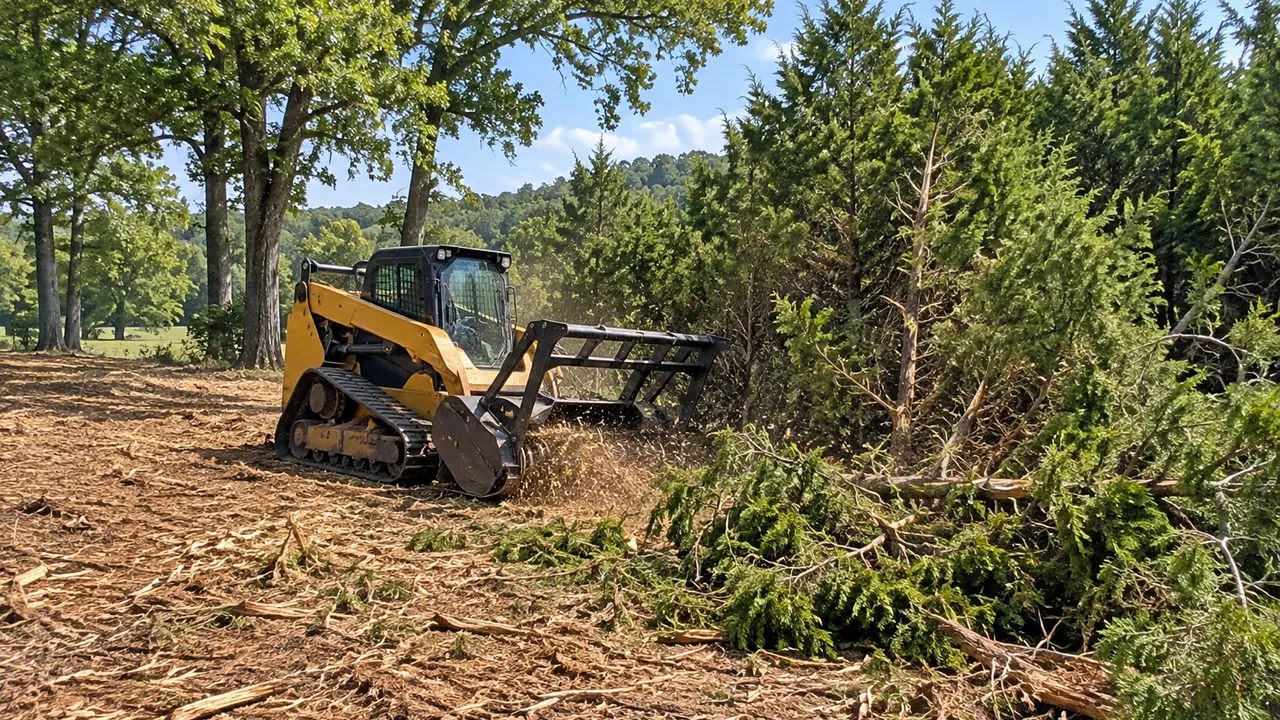 Forestry mulcher grinding a thick stand of young cedars at a pasture edge, with mulched ground and large hardwoods left standing behind it