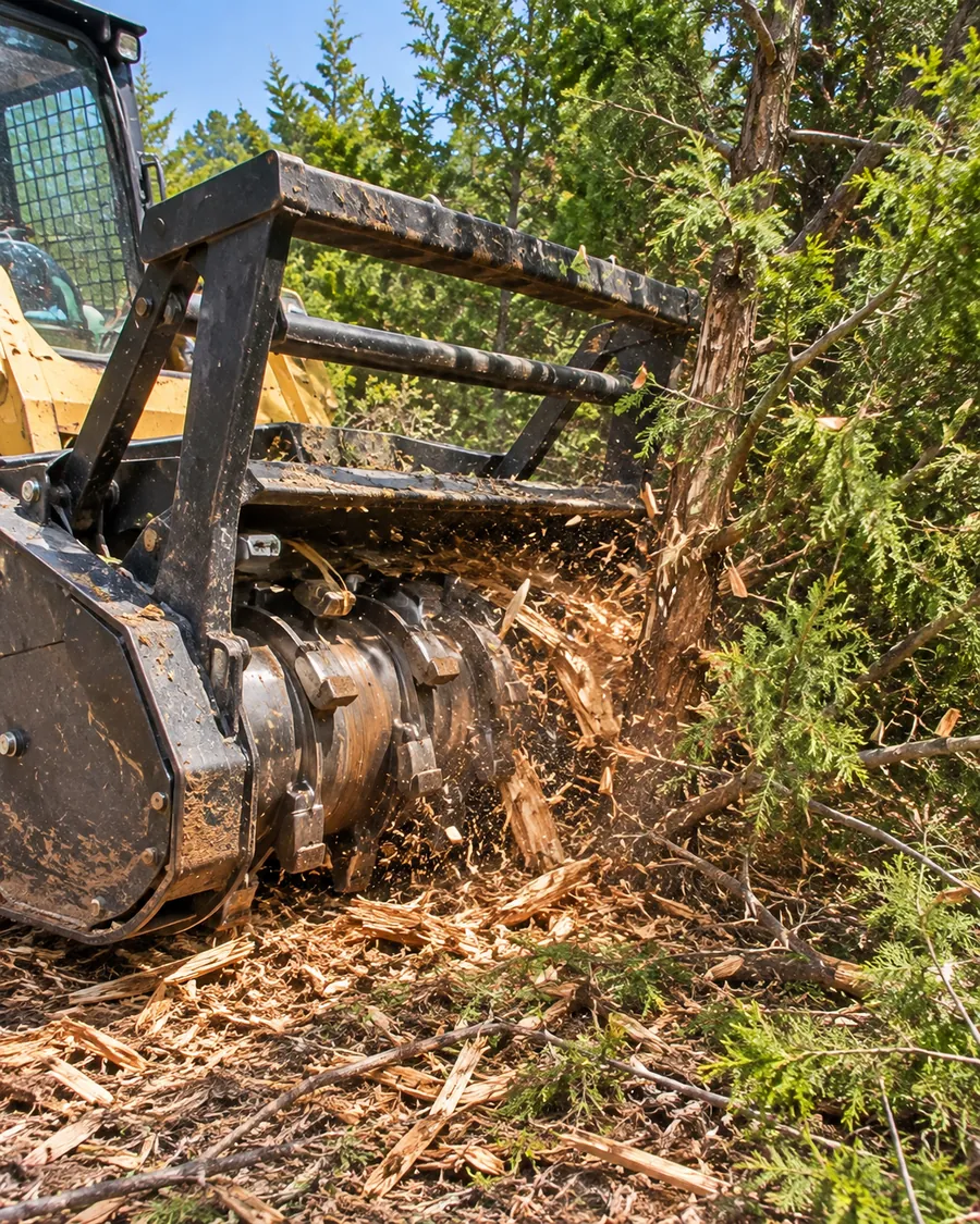 Close view of a mulching drum's teeth shredding a young cedar trunk, with red cedar chips flying