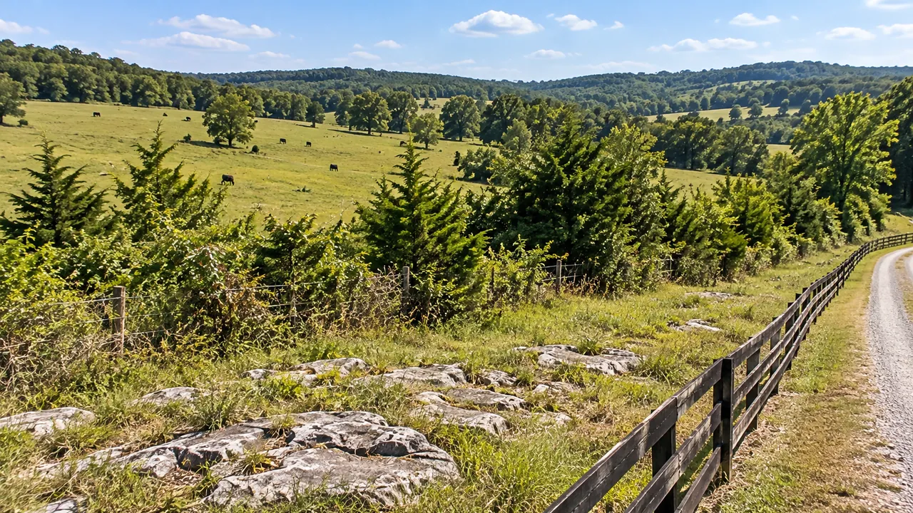 Rolling cattle pasture with fence rows grown up in cedars and brush, a limestone ledge in the grass and a plank fence along a gravel lane