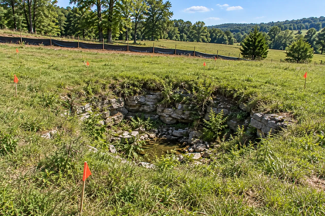 Grassy sinkhole with limestone at the bottom in a pasture, ringed at a distance by orange-flagged stakes with silt fence uphill
