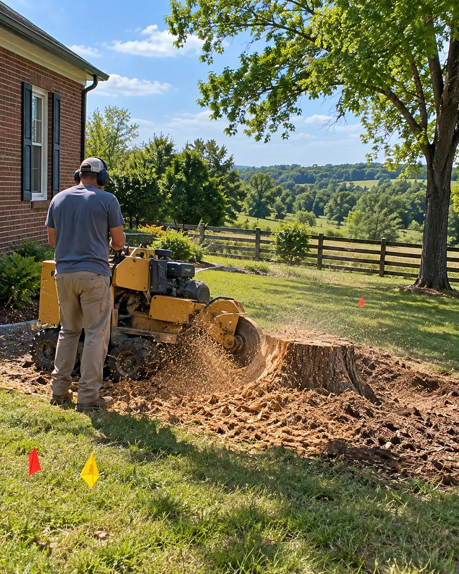 Worker grinding a big stump in the side yard of an old brick farmhouse, with utility flags in the grass and a plank fence beyond
