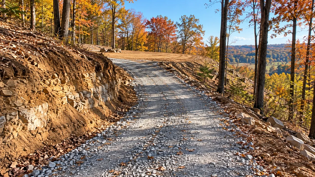 New gravel driveway cut up a wooded ridge in fall color to a small cleared house site, with gravelly tan soil in the cut bank